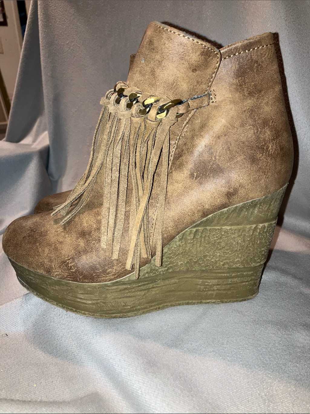 Sbicca Brown Fringe Wedge Ankle Booties